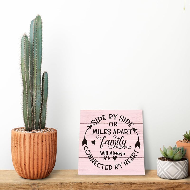 SUSZDOU Family Sign, “Side by Side or Miles Apart, Family Will Always Be Connected by Heart”, Wooden Plaque Table Art Sign 6.2x6.2 Inch, Farmhouse Room Decor, Long Distance Gift for Loved Ones G - Image 5